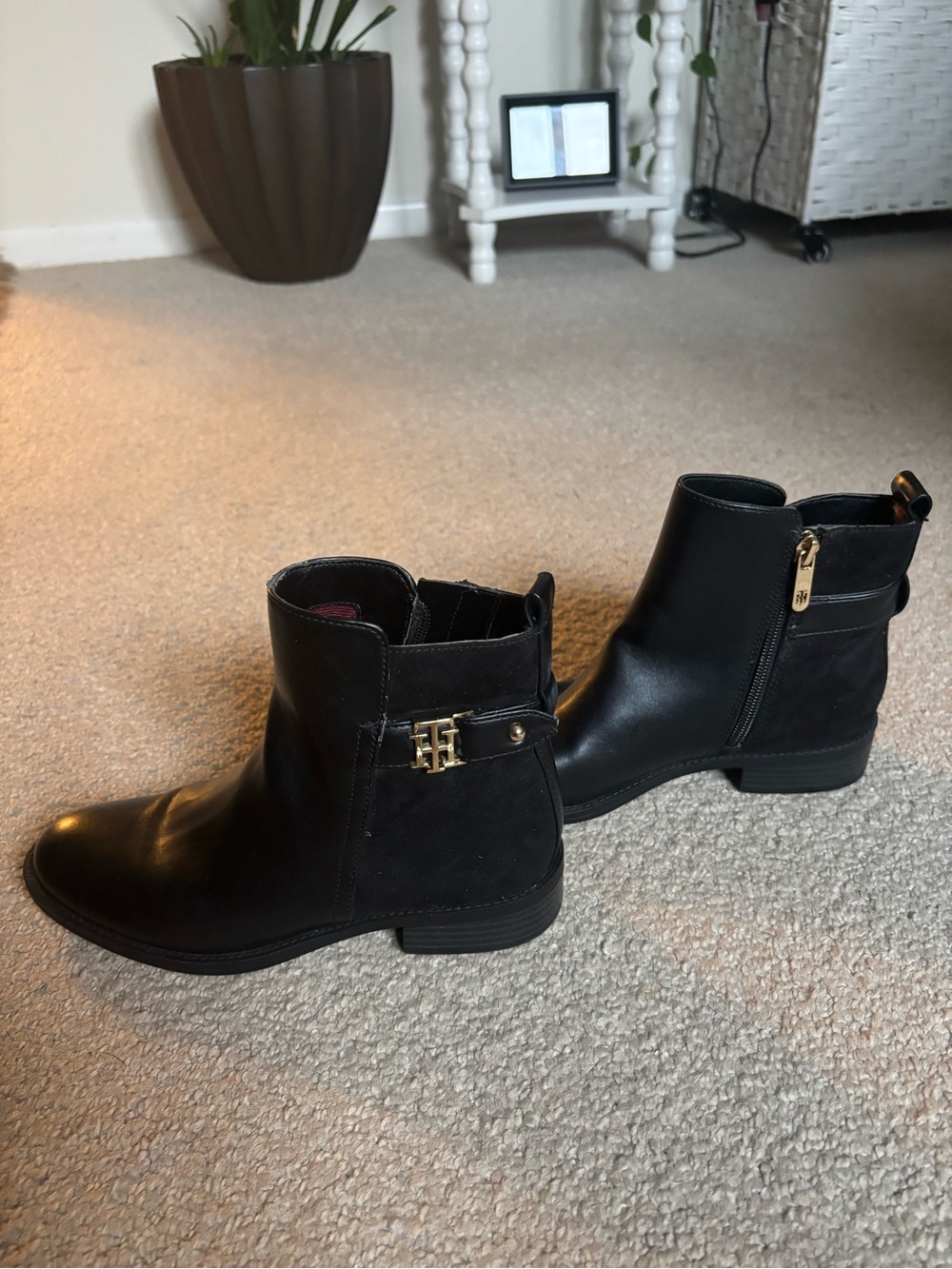 Tommy Hilfiger Black Leather & Suede Ankle Booties with Gold Hardware
